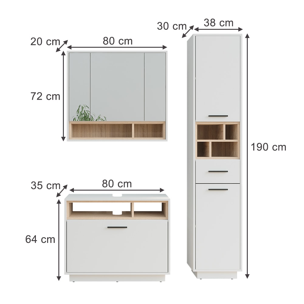 Badmöbel-Set 3-teilig Weiß/Sonoma 80x64cm - Maisons Du Monde