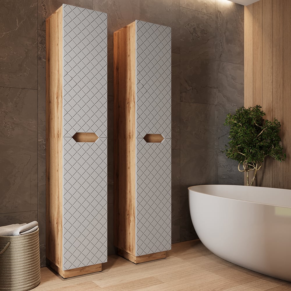 Badschrank mit 2 Türen Eiche/Grau mit Kachelstruktur 33x186cm -