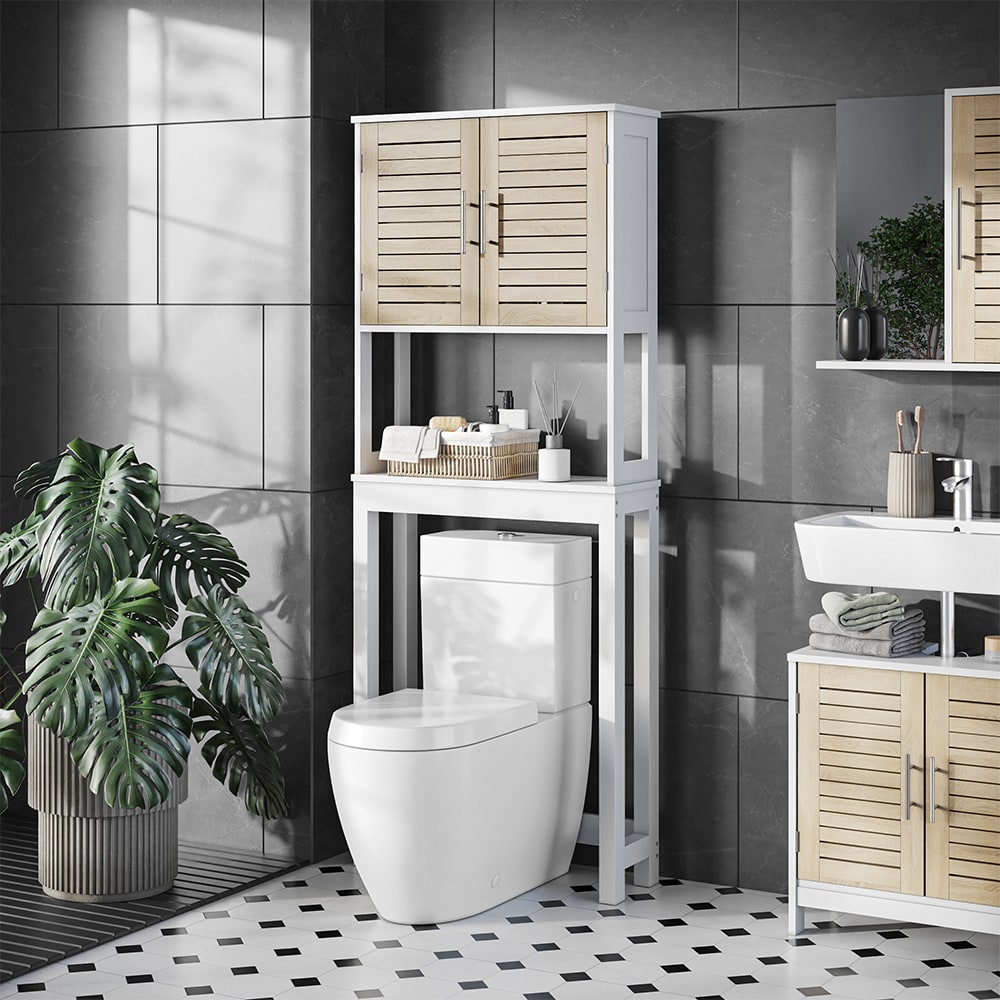 Toilettenschrank mit 2 geschlossenen Fächern Weiß/Eiche 70x180cm