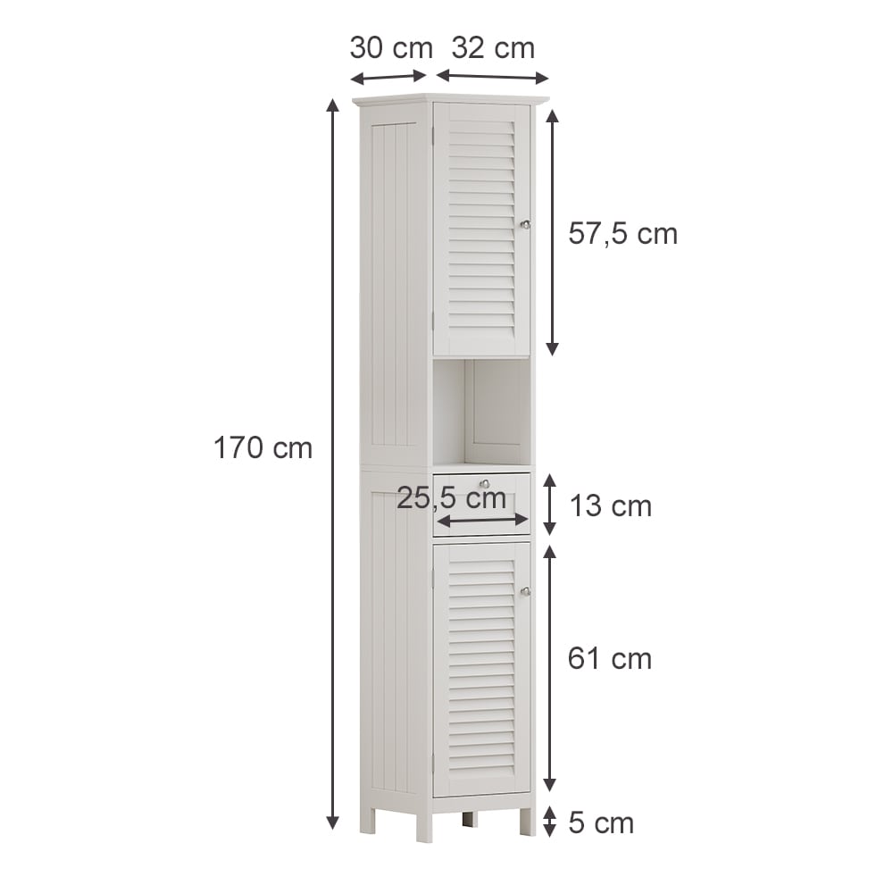 Badschrank mit Türen Schublade und offenem Fach Weiß 32x170cm -