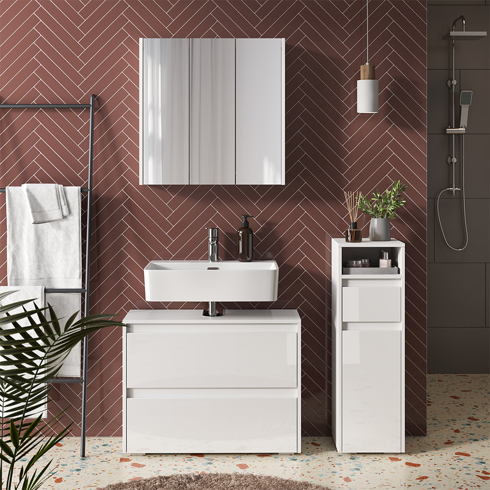 Badmöbel-Set 3-teilig Weiß Hochglanz 80x62cm - Maisons Du Monde
