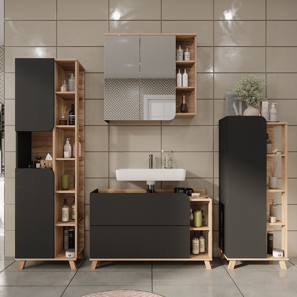 Badmöbel-Set 4-teilig Sonoma/Anthrazit 100x65cm - Maisons Du