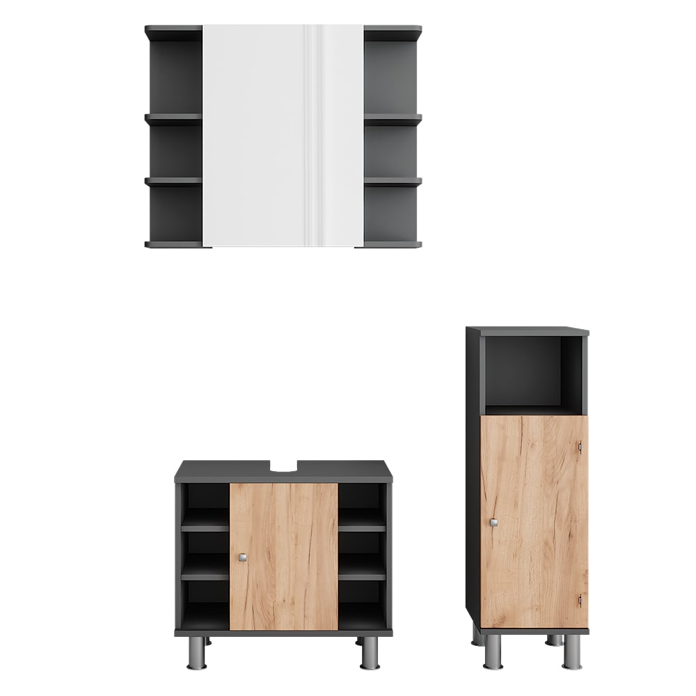Vicco Badmöbel-Set 3-teilig Anthrazit/Goldkraft Eiche 60x54cm style modern Grau Spanplatte