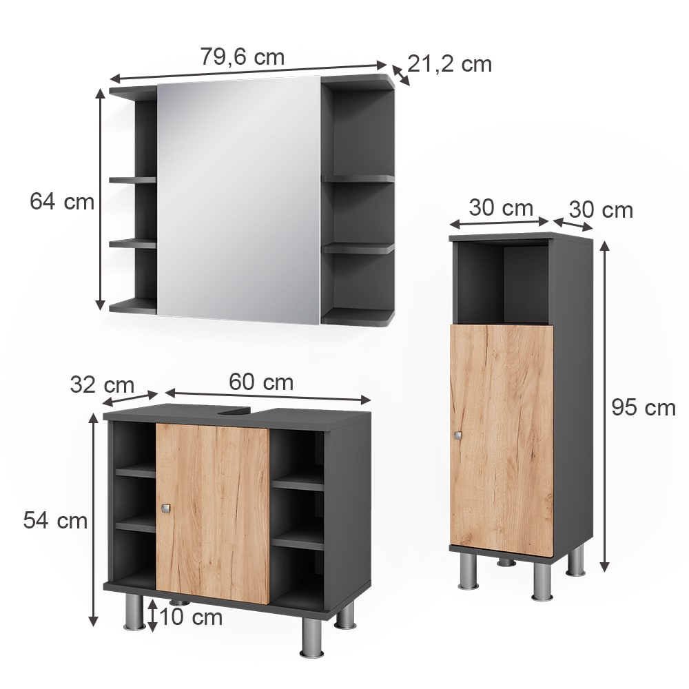 Badmöbel-Set 3-teilig Anthrazit/Goldkraft Eiche 60x54cm - Maisons