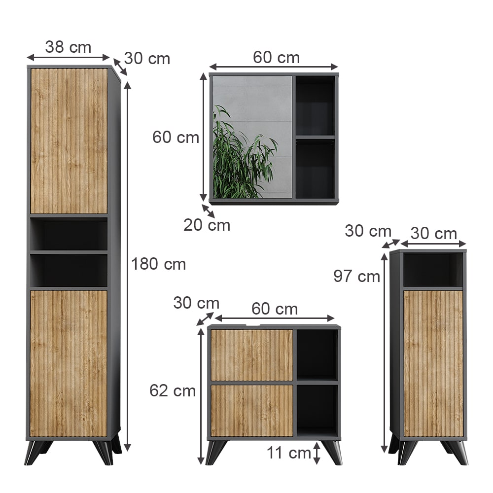 Badmöbel-Set 4-teilig Anthrazit/Goldkraft Eiche 60x62cm - Maisons