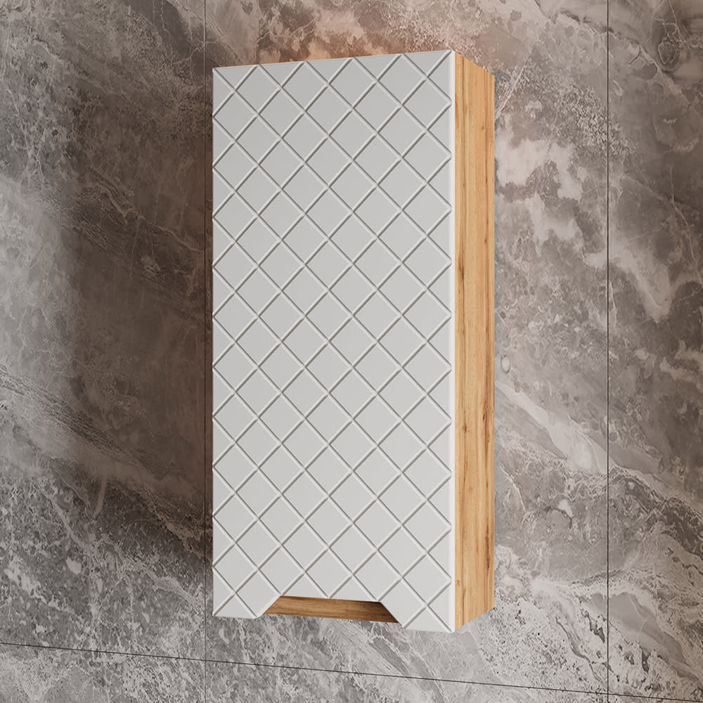 Badschrank Eiche/Weiß mit Kachelstruktur 20x72.6cm - Maisons Du