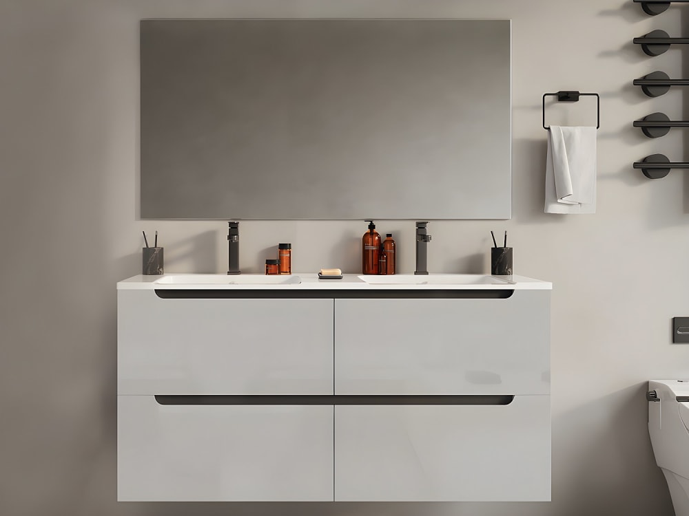 Meuble double vasque effet bois blanc