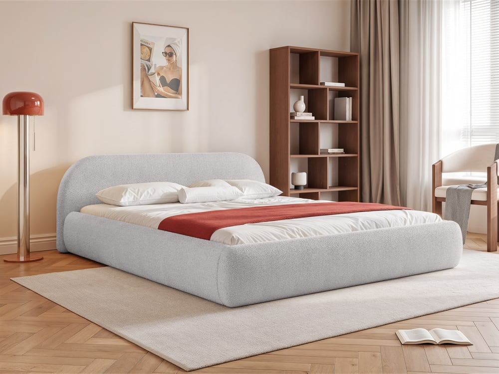 Lit capitonné en tissu bouclé 200x200 cm, gris clair