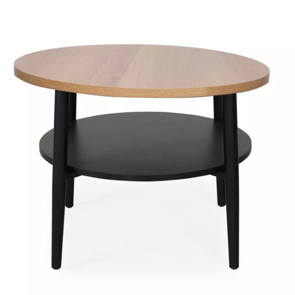 Table basse ronde en chêne clair et noir avec étagère 60x60x45cm