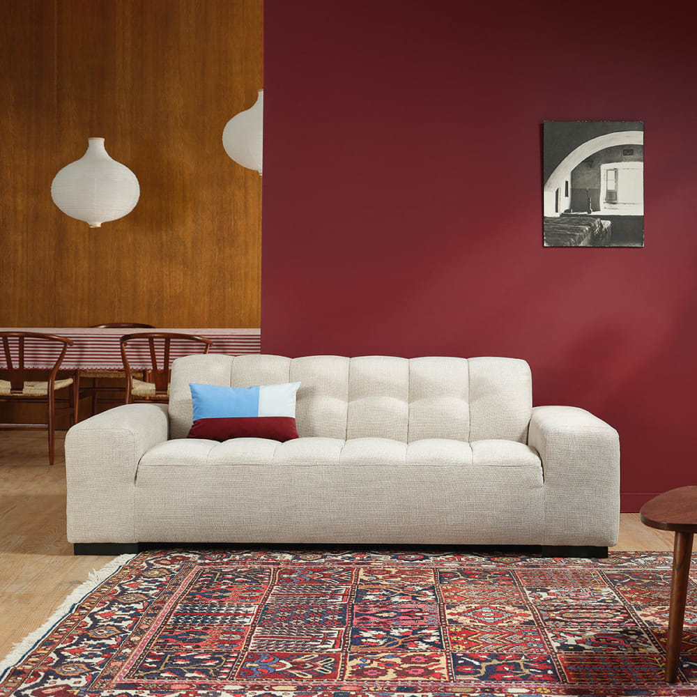 Canapé droit 3 places en tissu texturé beige chiné Canapé droit 3 places en tissu texturé beige chiné