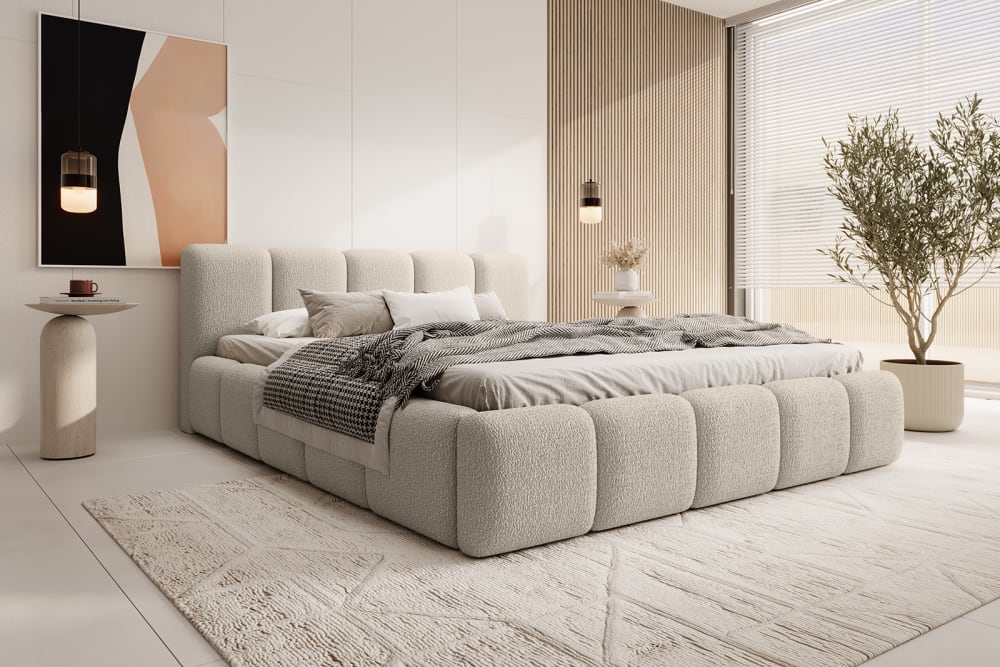 Lit rembourré en tissu bouclé 120x200 cm, beige
