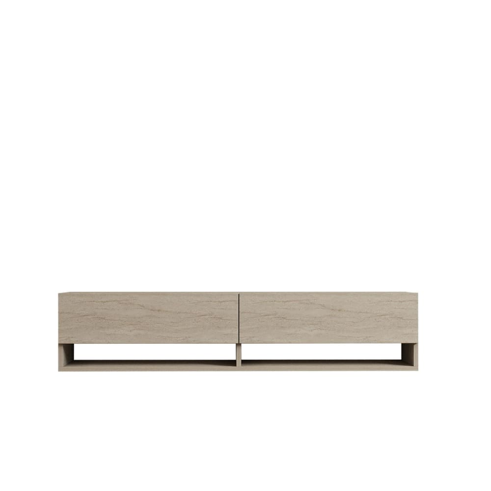Meuble TV suspendu 2 portes basculantes effet travertin Beige