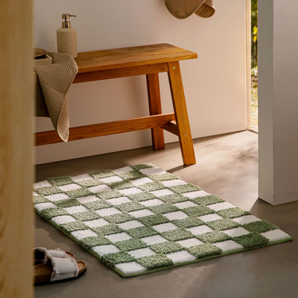 Tapis de bain à relief et damier vert et beige 80x150 — vue 3
