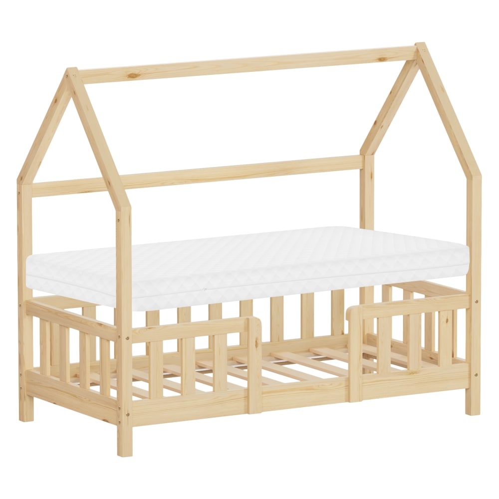 Lit cabane enfant simple 70x140 cm en bois naturel beige avec matelas