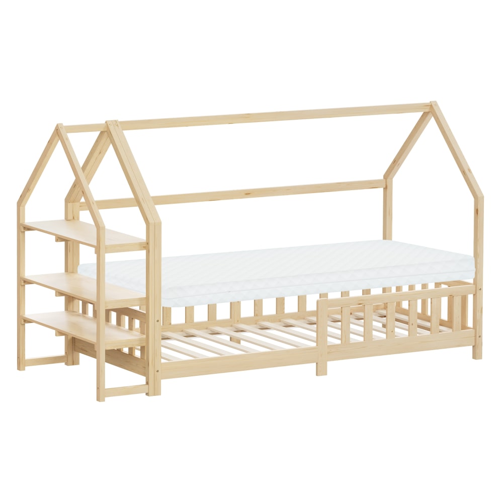 Lit cabane enfant 90x200cm en bois beige avec étagère et matelas H10cm