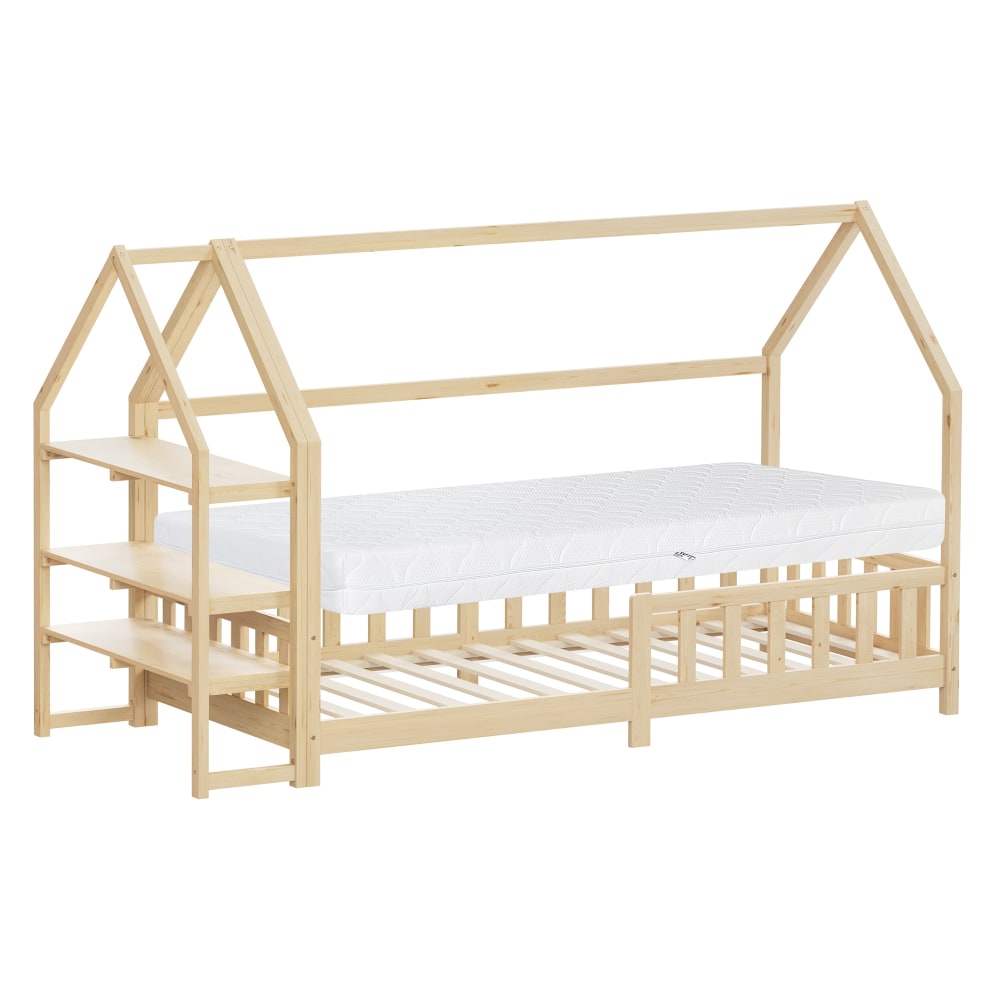 Lit cabane enfant 90x200cm en bois beige avec étagère et matelas H16cm