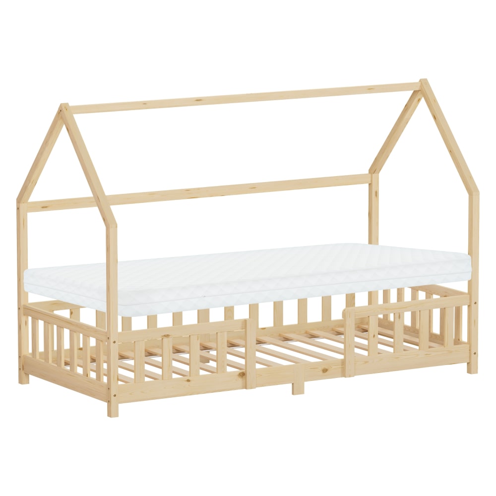 Lit cabane enfant simple 90x200cm en bois naturel beige matelas H10cm
