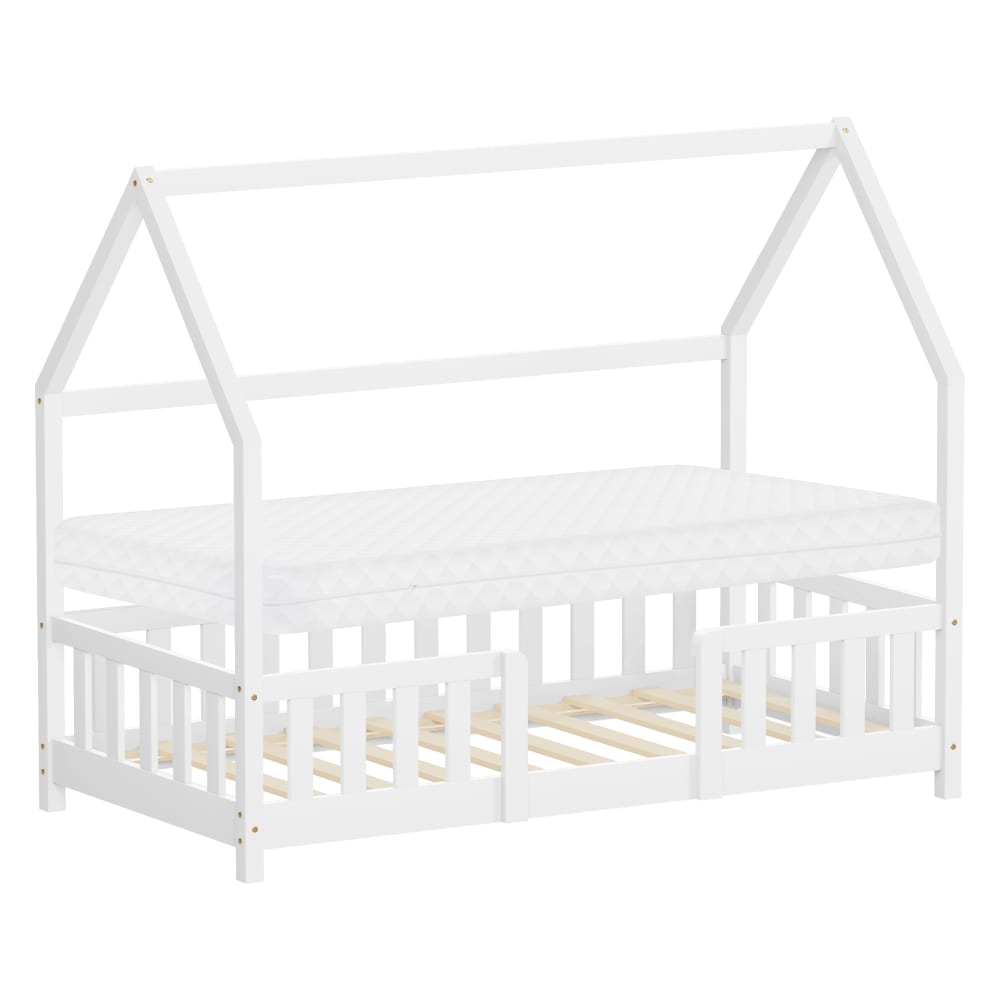 Lit cabane enfant simple 80x140 cm en bois naturel blanc avec matelas