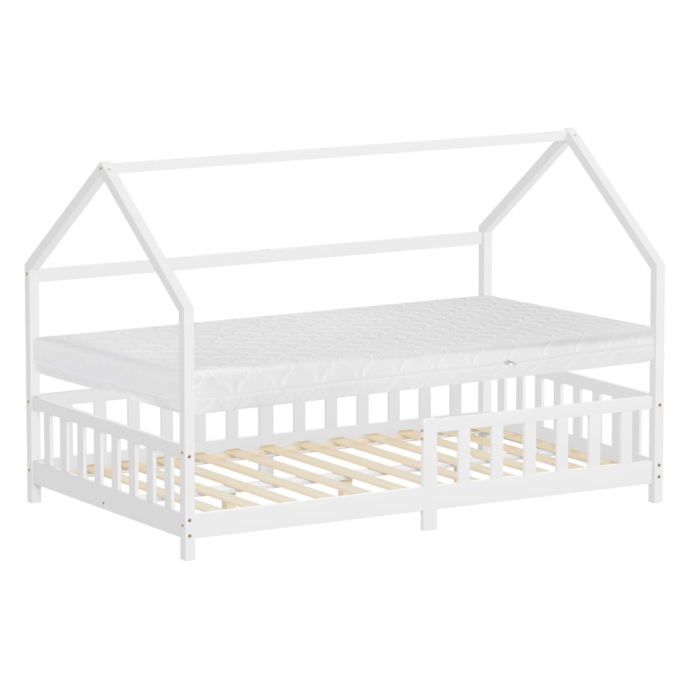 Lit cabane enfant double 120x200 cm en bois naturel blanc avec matelas