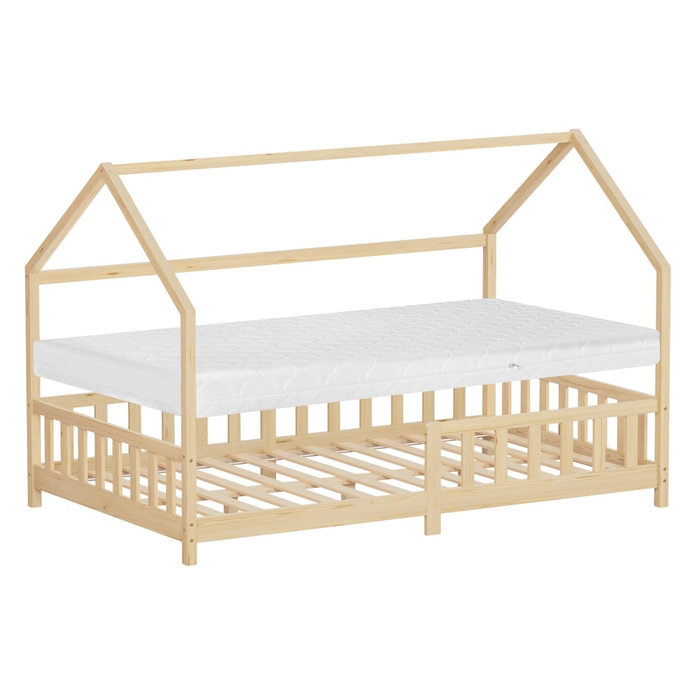 Lit cabane enfant double 120x200 cm en bois naturel beige avec matelas