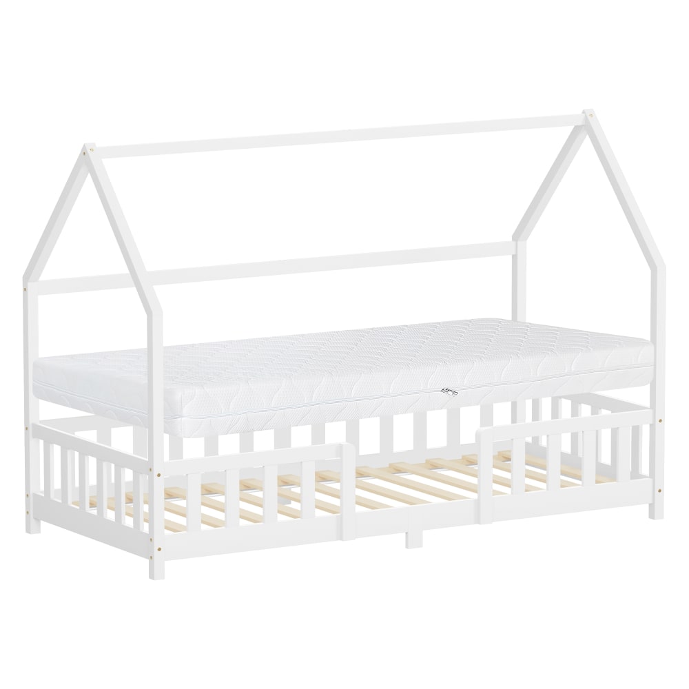 Lit cabane enfant simple 90x200cm en bois naturel blanc matelas H16cm