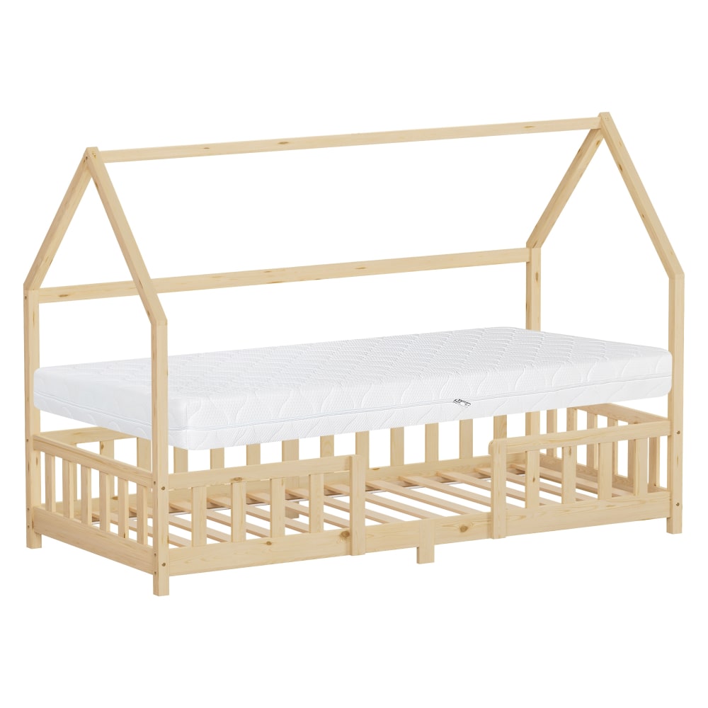 Lit cabane enfant simple 90x200cm en bois naturel beige matelas H16cm