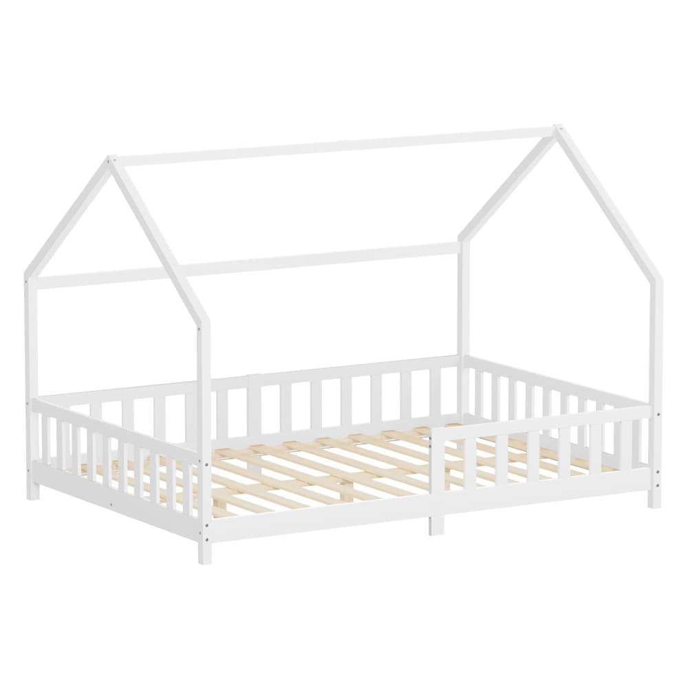 Lit cabane enfant double 140x200 cm en bois blanc avec sommier