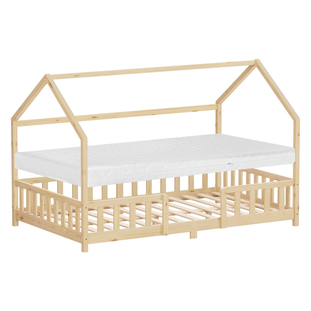 Lit cabane enfant double 120x200 cm avec matelas en bois naturel beige