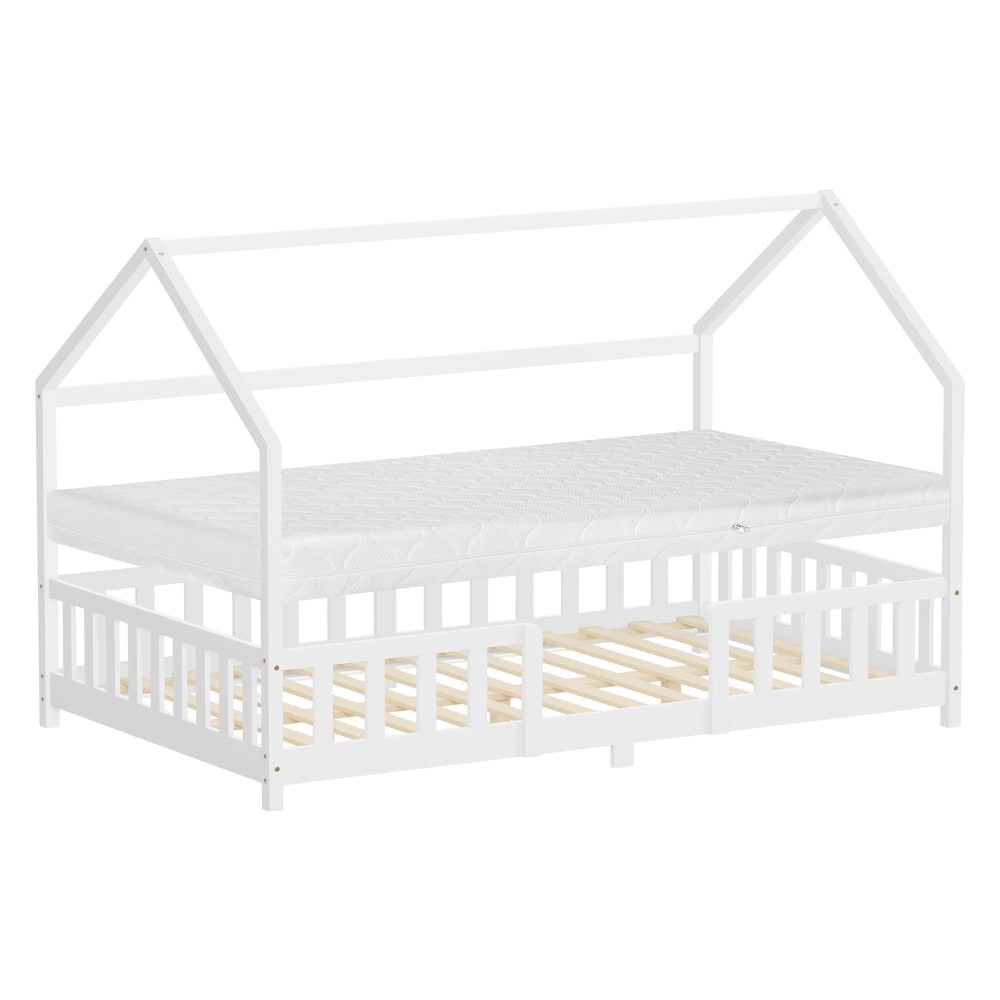Lit cabane enfant double 120x200 cm avec matelas en bois naturel blanc