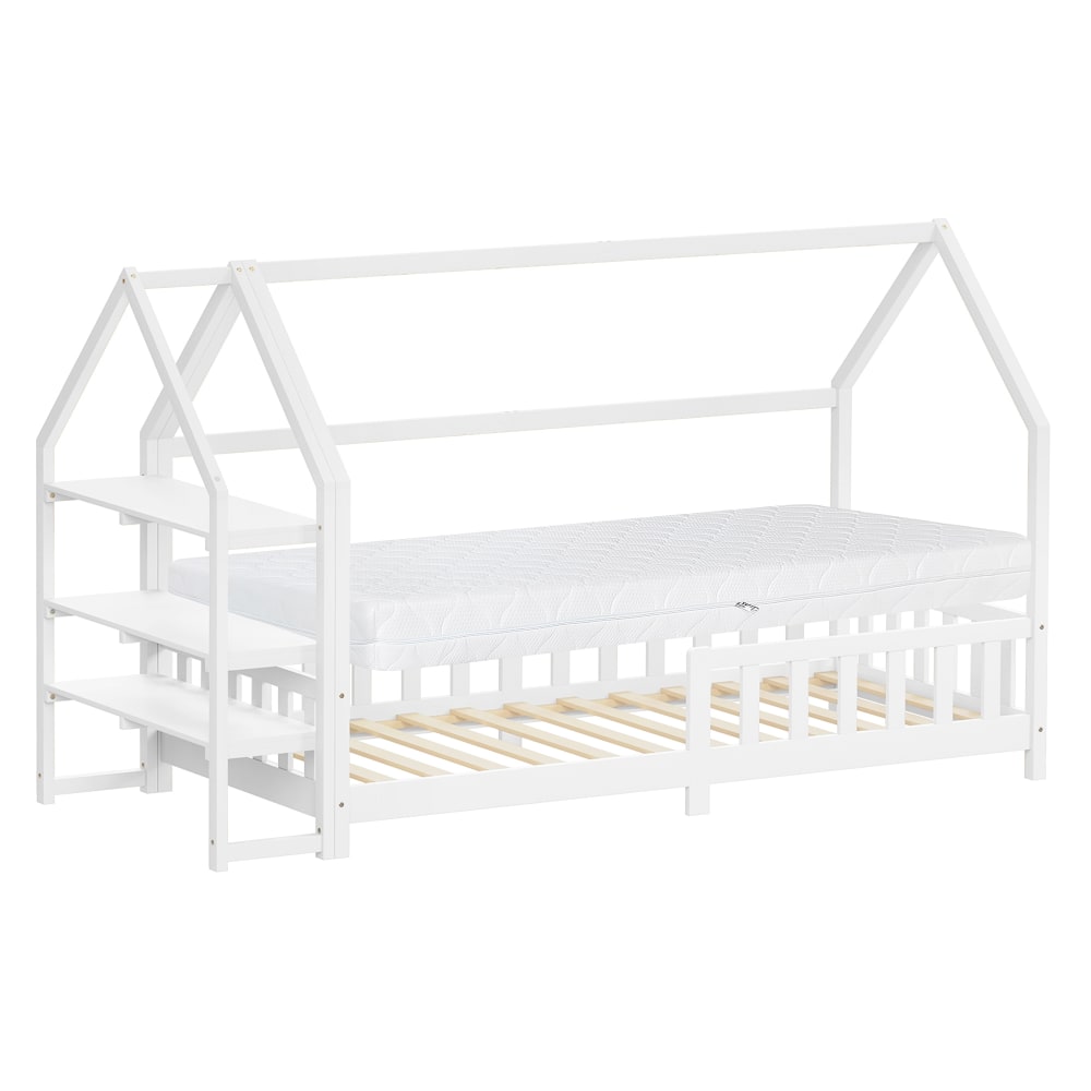 Lit cabane enfant 90x200cm en bois blanc avec étagère et matelas H16cm