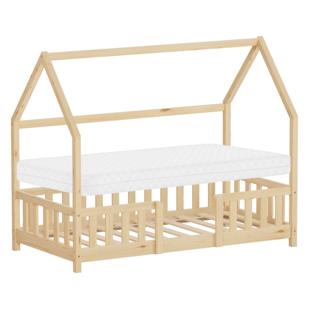 Lit cabane enfant simple 80x140 cm en bois naturel beige avec matelas