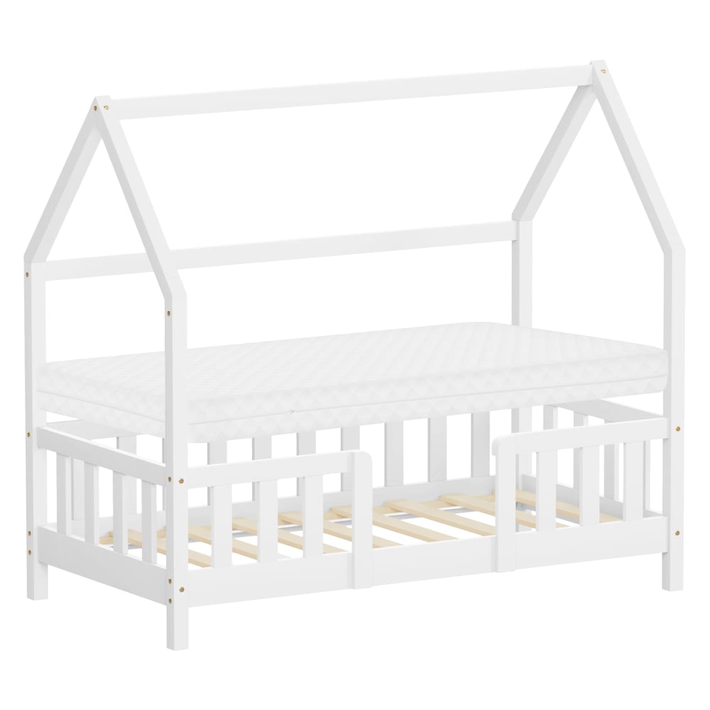 Lit cabane enfant simple 70x140 cm en bois naturel blanc avec matelas