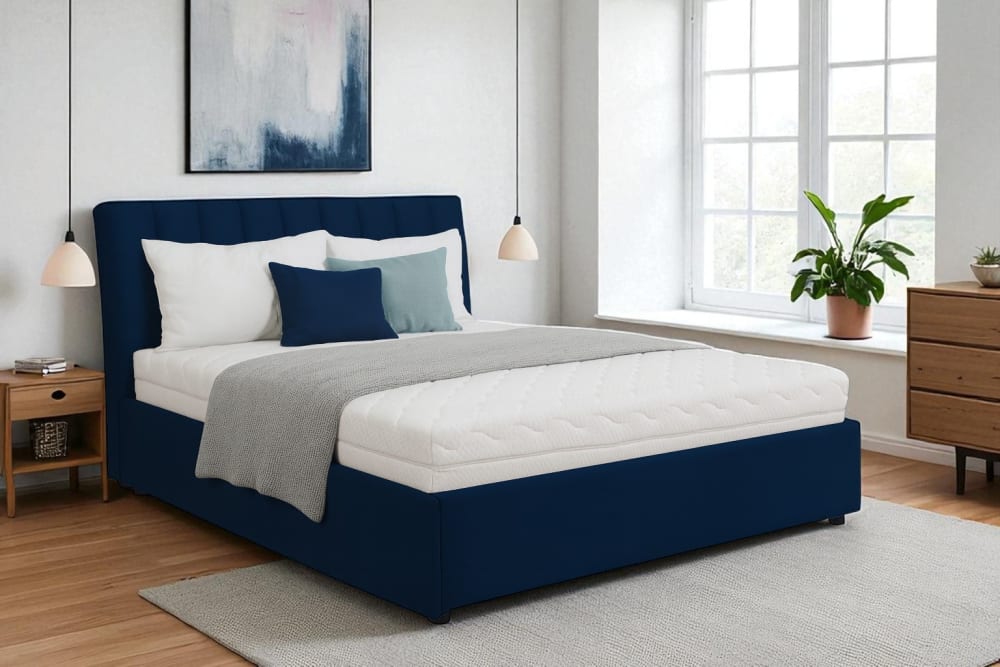 Lit rembourré avec matelas, bleu marine, 160x200 cm