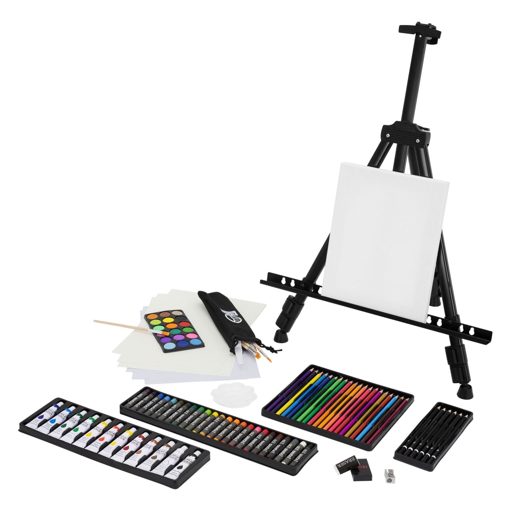ECD Germany 140tlg Malereiset Acryl & Zeichenset mit Aluminium Standtaffelei Schwarz Metall