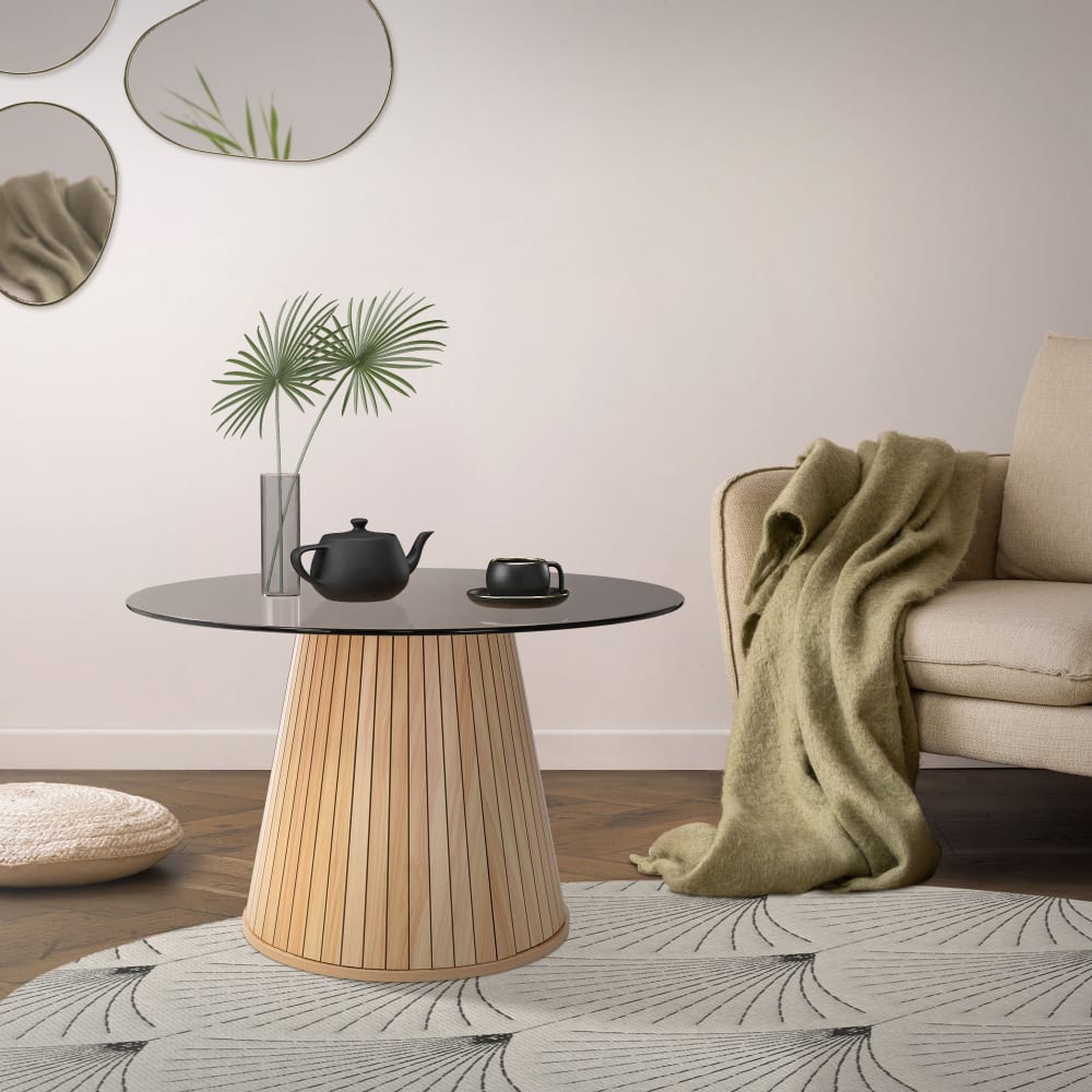Couchtisch mit Glasplatte rund Ø80x50 cm Holz-Optik Braun -