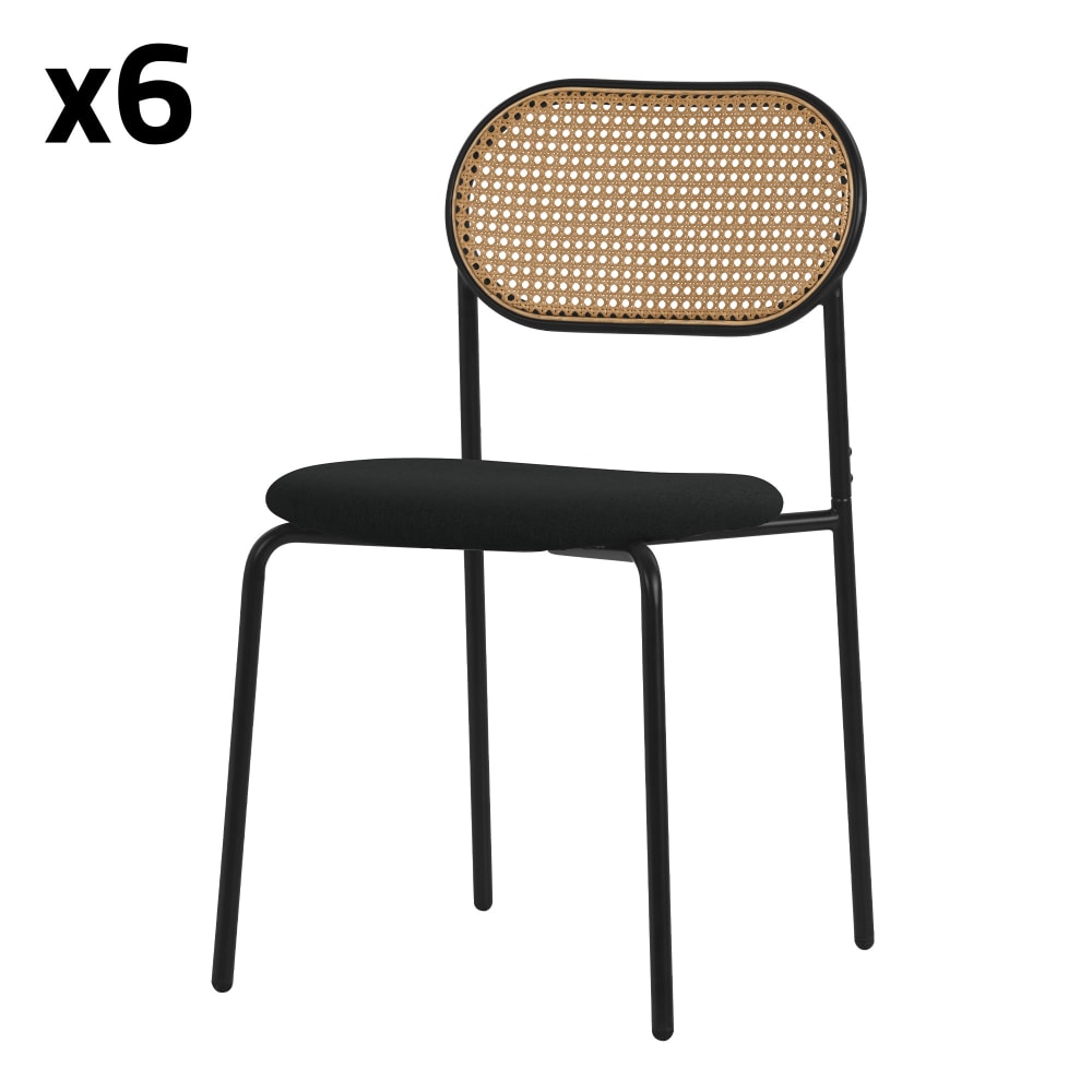 ML-Design Esszimmerstühle 6er Set Schwarz Rattan Rückenlehne Metallbeine Rund Schwarz Pes - Polyester