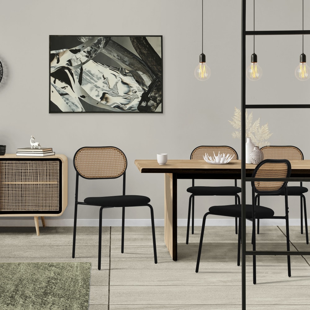 Esszimmerstühle 6er Set Schwarz Rattan Rückenlehne Metallbeine