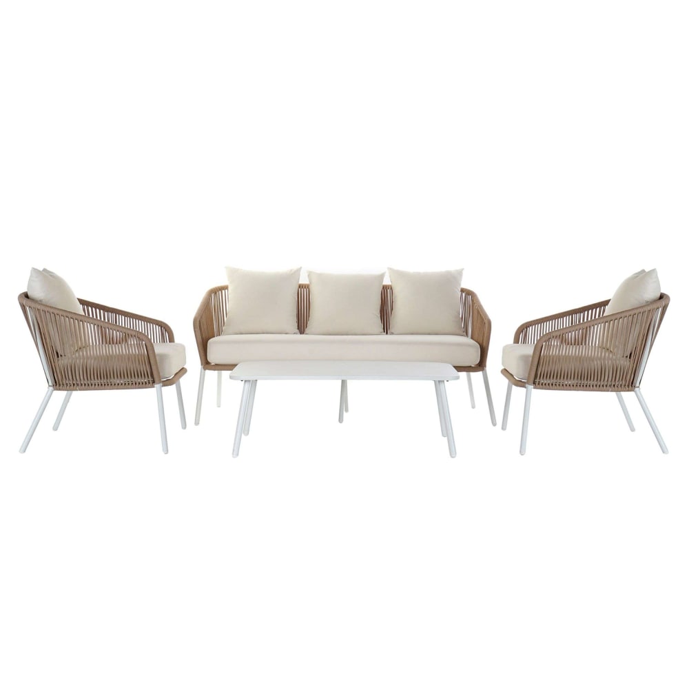 Salon de jardin en aluminium et rotin blanc et beige 5 places