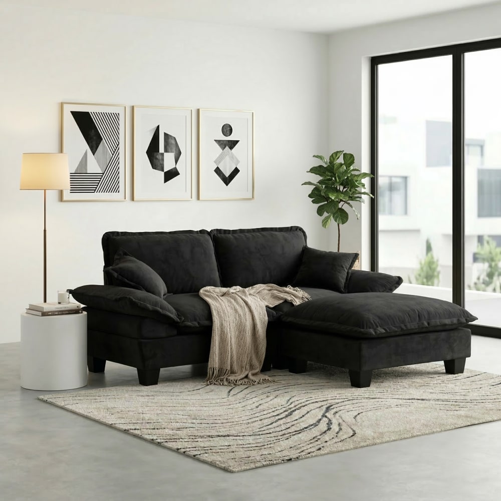Ecksofa aus Chenille mit Ottomane und 2 Kissen, schwarz - Maisons