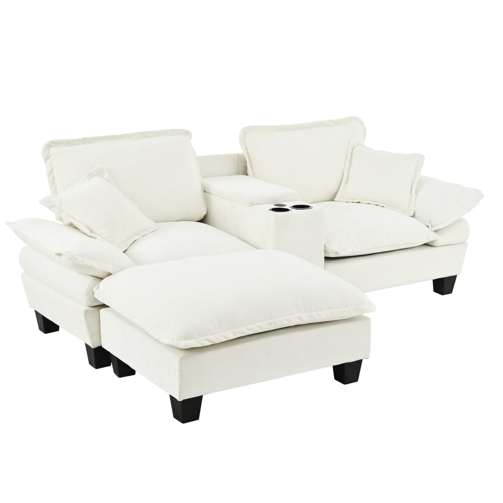 Canapé d'angle en chenille beige avec USB et rangement
