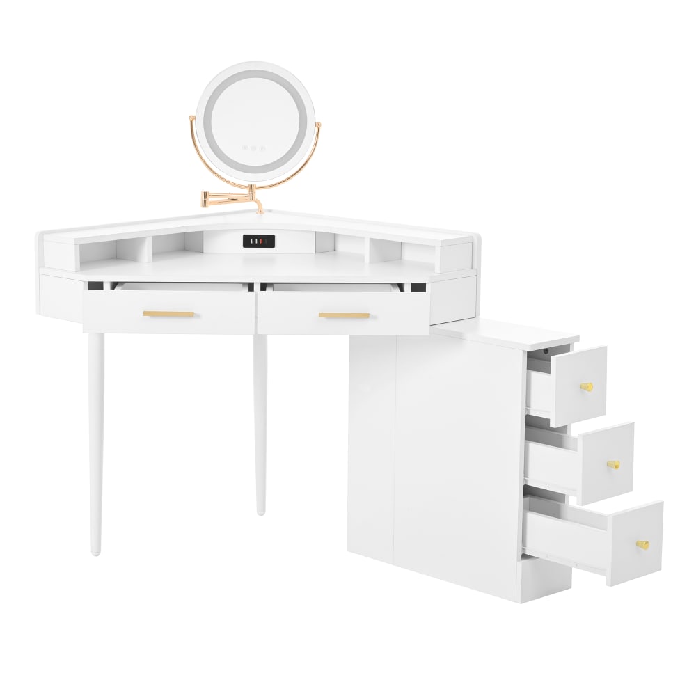 Coiffeuse blanche avec miroir LED et 5 tiroirs 105,5 x 75 x 120 cm