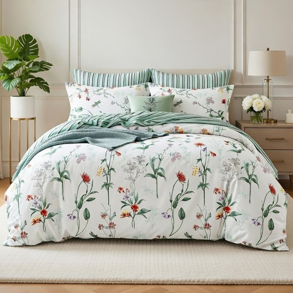 Parure de lit en percale de coton imprimé fleur + 2 taies 240x220 cm