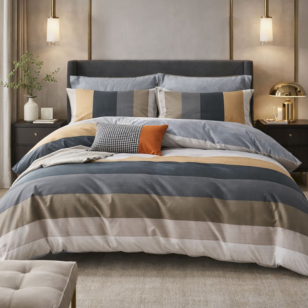 Parure de lit en percale de coton rayé contemporain gris 240x220 cm