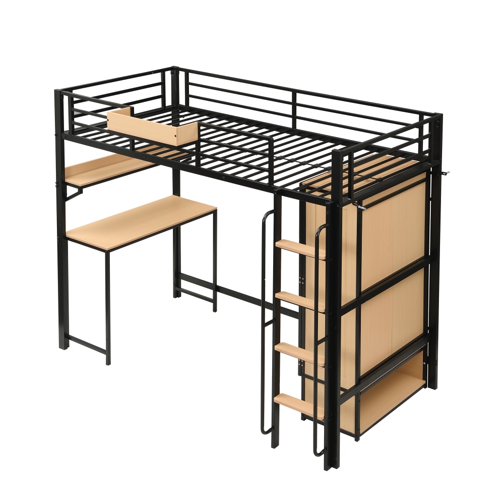 Lit mezzanine en métal noir avec armoire 90 x 200 cm