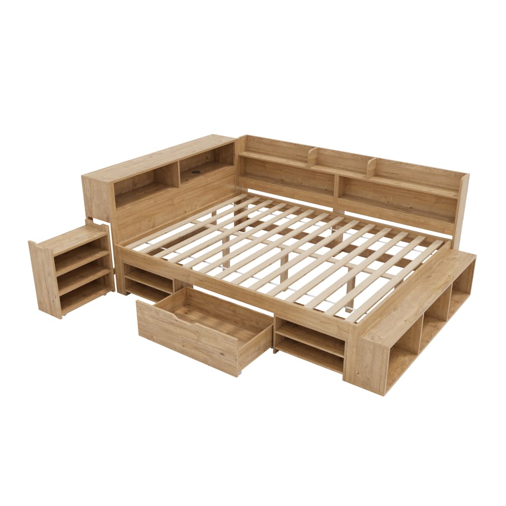 Lit enfant marron avec tiroir et rangements 140 x 200 cm