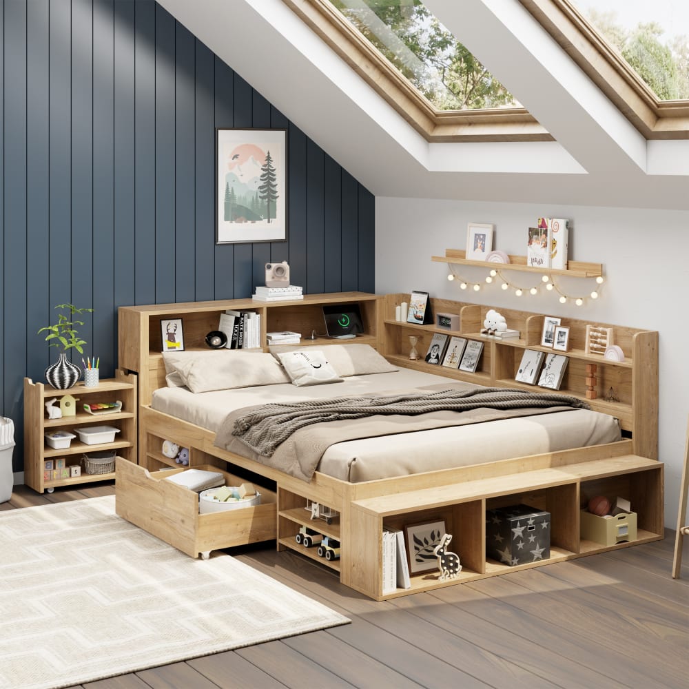 Kinderbett aus Sperrholz und MDF mit Stauraum 140x200 cm, braun -
