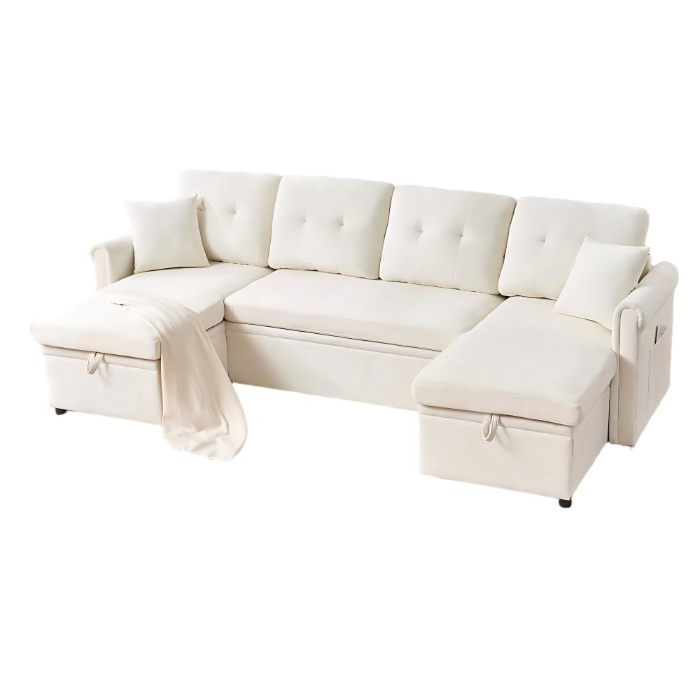 Canapé d'angle en chenille beige avec couchage 266 x 130 x 85 cm