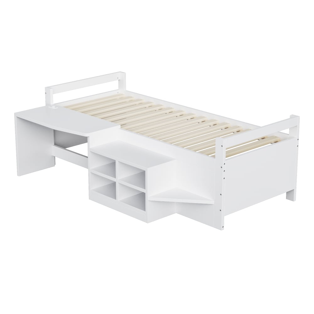 Lit enfant en pin blanc avec bureau et prises 90 x 200 cm