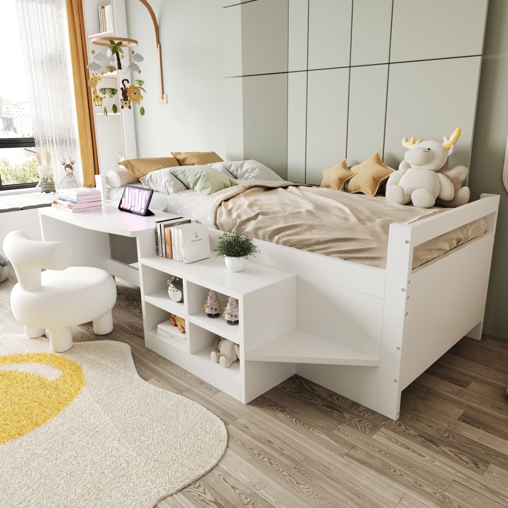 Kinderbett aus Holz mit Schreibtisch und Stauraum 90x200 cm, weiß