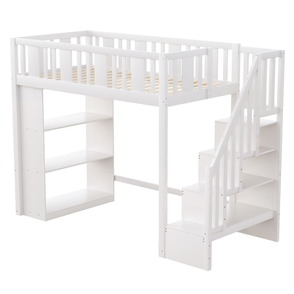 Lit mezzanine en pin blanc avec rangement 90 x 200 cm